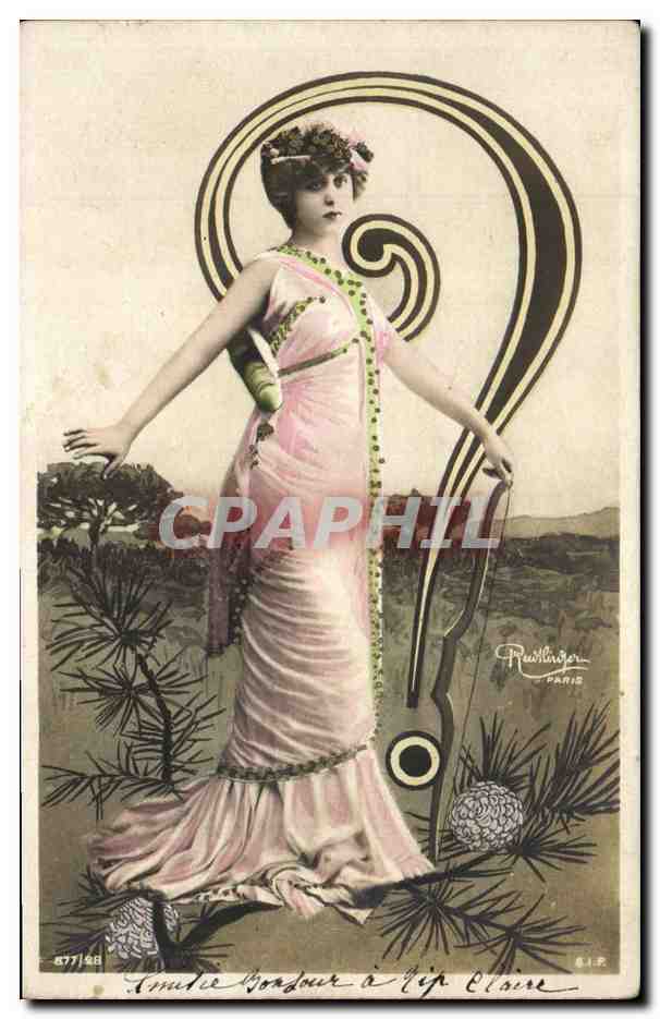 Femme en robe rose — décor de pins et spirale — éditeur P. Reuillinger, Paris, n° 877/48