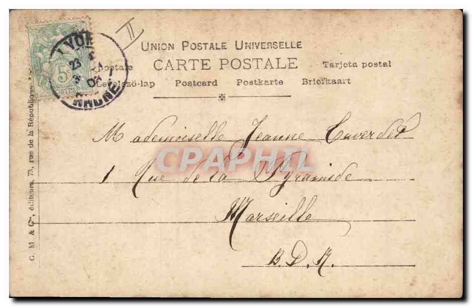 Femme en robe rose — décor de pins et spirale — éditeur P. Reuillinger, Paris, n° 877/48 — Reverso
