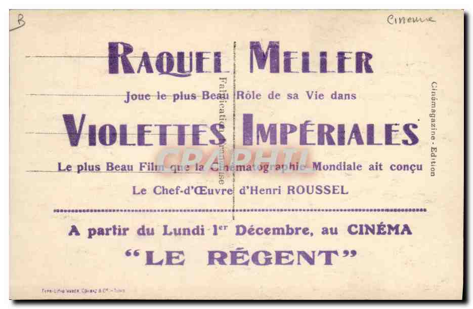 CPA Cinema Violettes imperiales Raquel Miller Le Regent  — Back