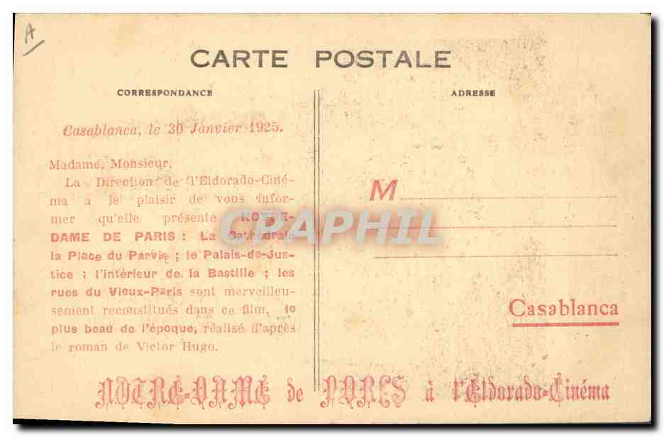 CPA Cinema Notre Dame de Paris Victor Hugo  — Back