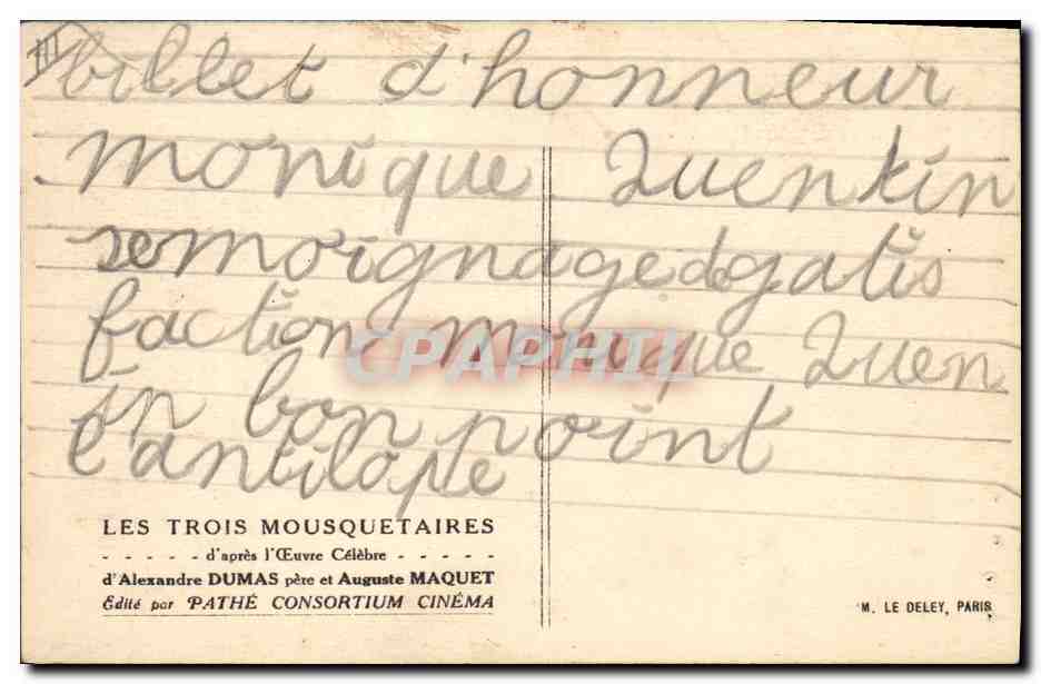 CPA Cinema Les Trois Mousquetaires Alexandre Dumas Auguste Maquet  — Back