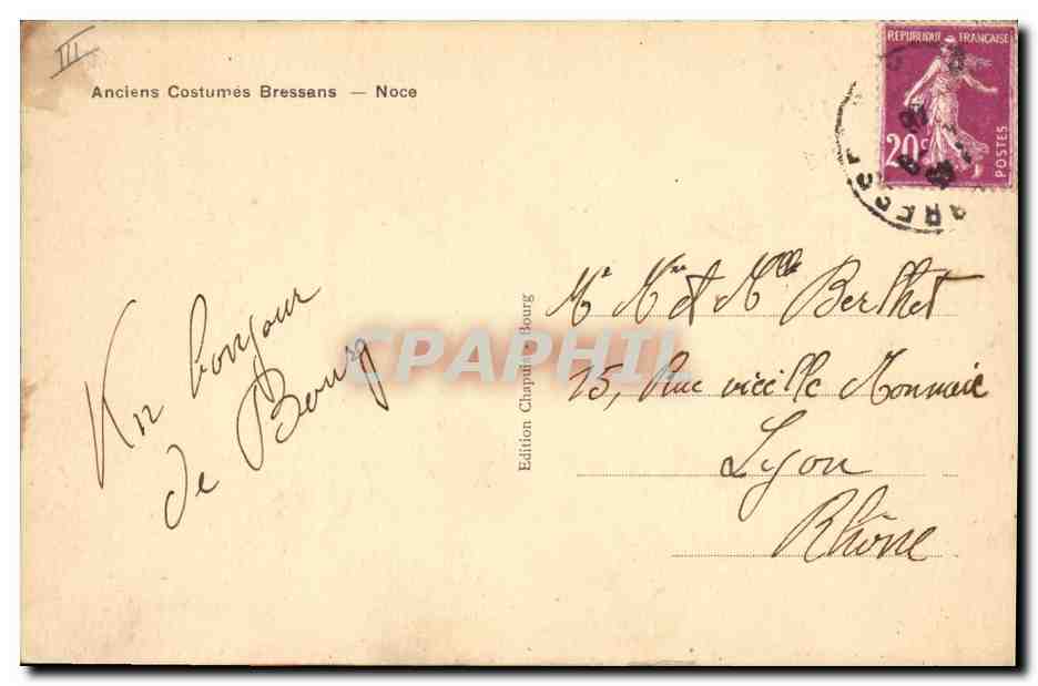 CPA Folklore Anciens costumes Bressans Noce  — Verso