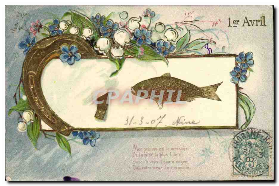 CPA Fantaisie Fleurs Poisson 1er Avril Fer a cheval 