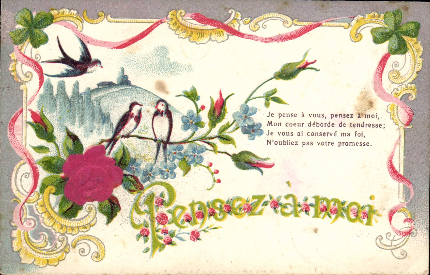 Carte postale décorative — oiseaux et fleurs — éditeur non visible
