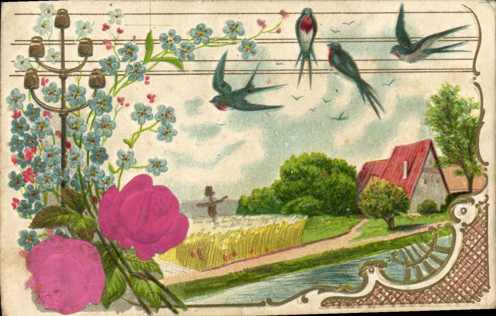 CPA Fantaisie Fleurs Hirondelles 