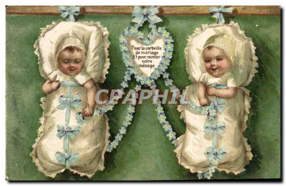 Deux bébés dans des corbeilles — Pour la corbeille de mariage et pour monter votre ménage — Carte postale