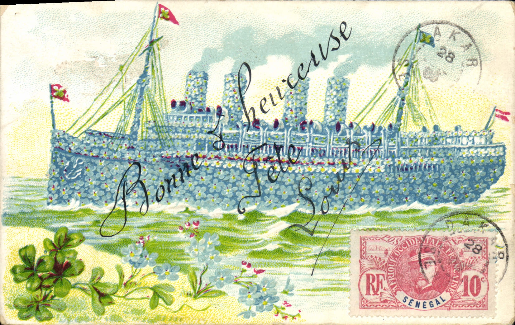 Buque con flores — Feliz cumpleaños Louise — editor K.F., París, 1919