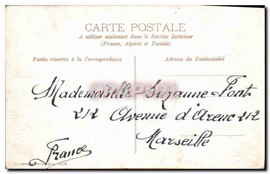 Buque con flores — Feliz cumpleaños Louise — editor K.F., París, 1919 — Reverso