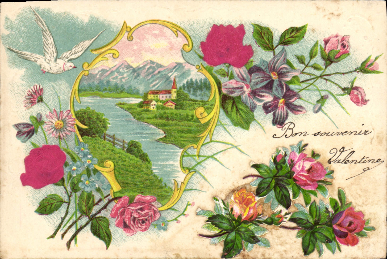 CPA Fantaisie Fleurs Colombe 