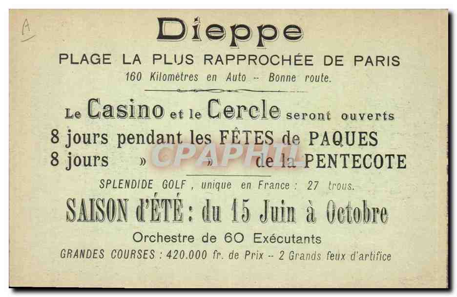 CPA Tennis Dieppe le casino Publicite Cercle  — Verso