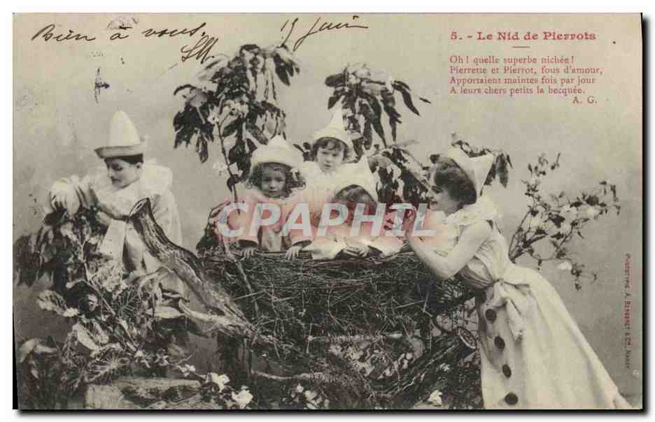 Le Nid de Pierrots — scène de Pierrot et Pierrette dans un nid — éditeur A. Bricard, 123, Paris