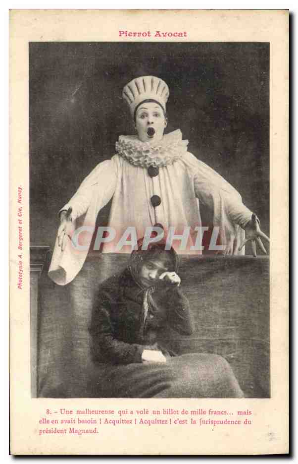 Pierrot Avocat — scène comique avec président Magnaud — Phototypie A. Bergret et Cie, Nancy