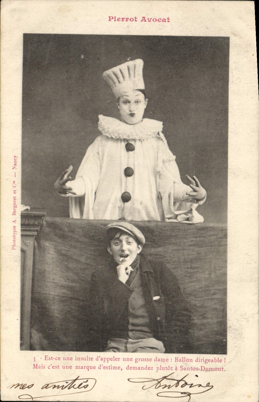 Pierrot Avocat — scène comique avec clown et homme assis — Phototype A. Bergeret et Cie, Nancy