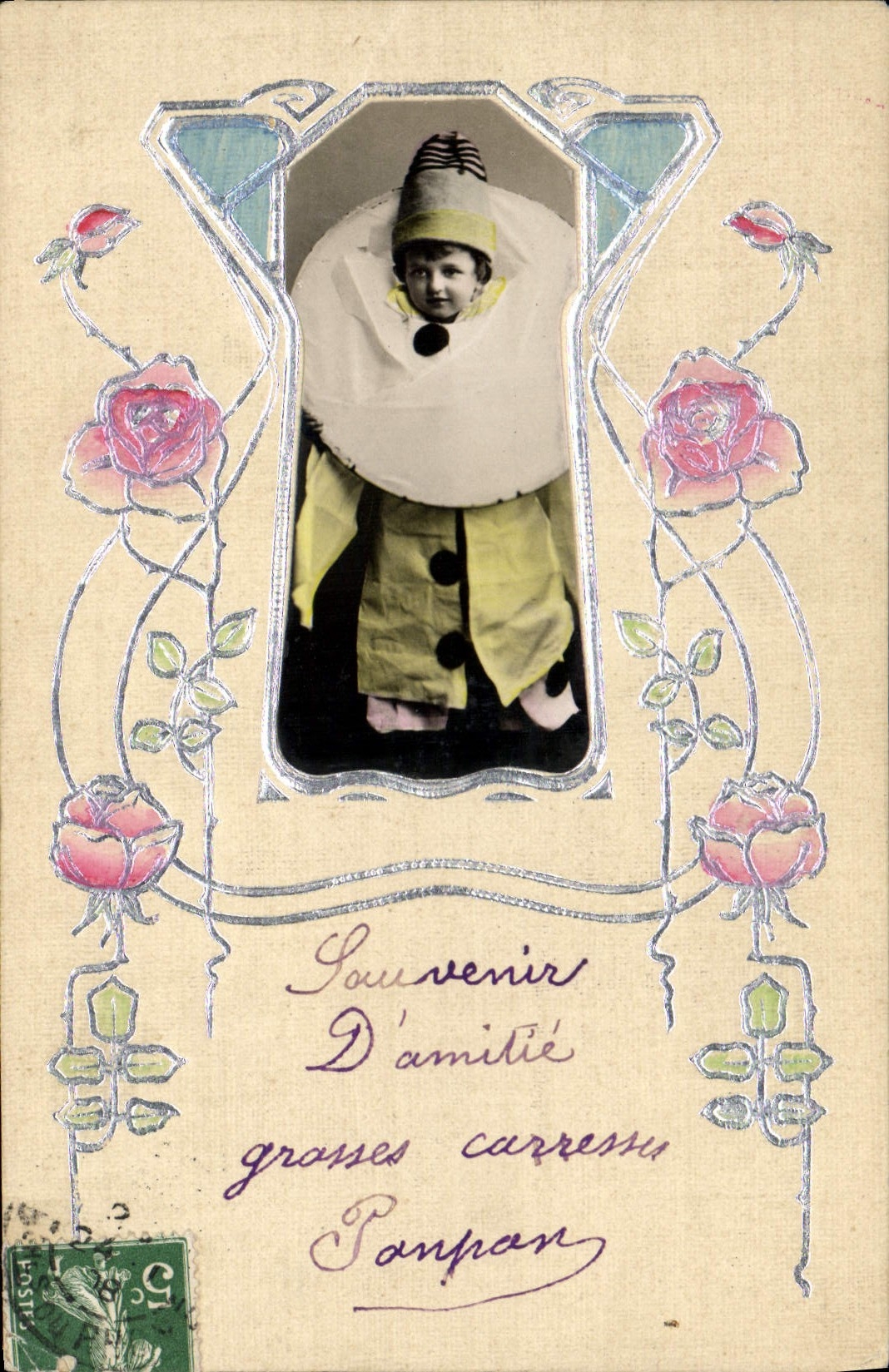 Enfant en costume de clown — Souvenir d'amitié — Éditeur Panpan, n° de série non visible