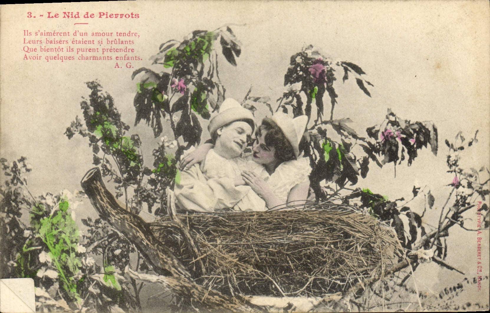 Le Nid de Pierrots — scène amoureuse dans un nid — Phototype A. Bearey & Cie, Nancy