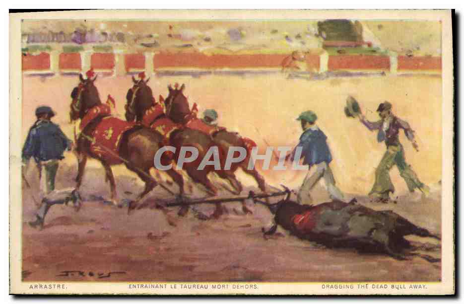 CPA Corrida Course de taureaux Arrastre Entrainant le taureau mort dehors 