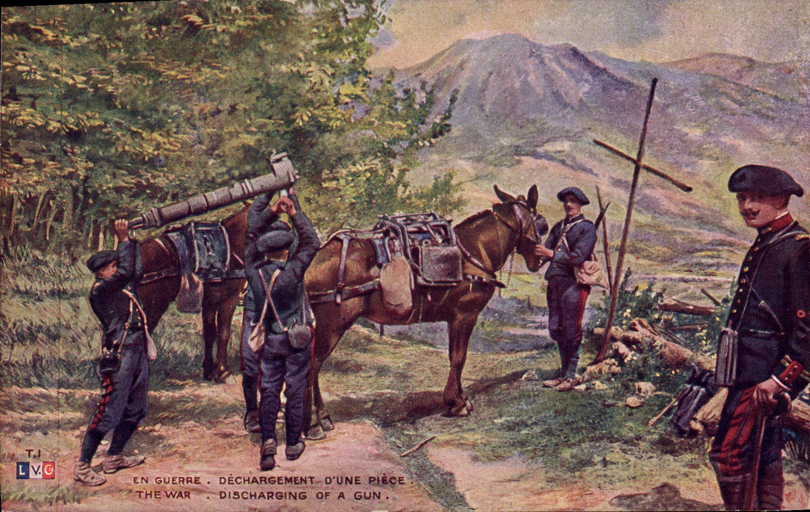 CPA Militaria Dechargement d'une piece Chasseurs Alpins Ane Mule 