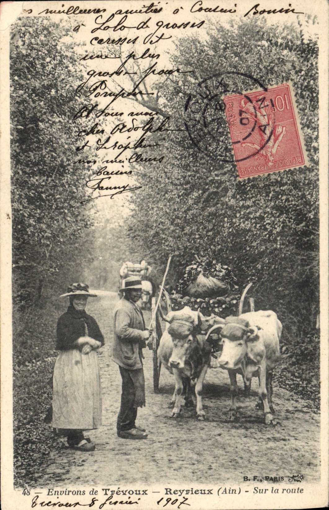 CPA Folklore Environs de Trevous Reyrieux Sur la route Boeufs 