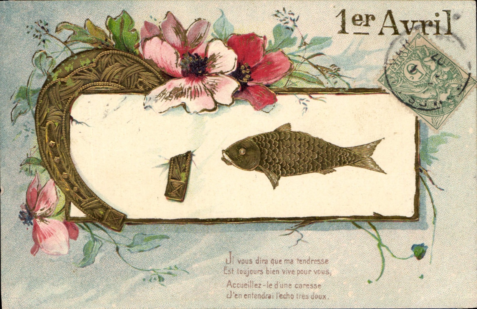 CPA Fantaisie Fleurs Poisson 1er Avril Fer a cheval 