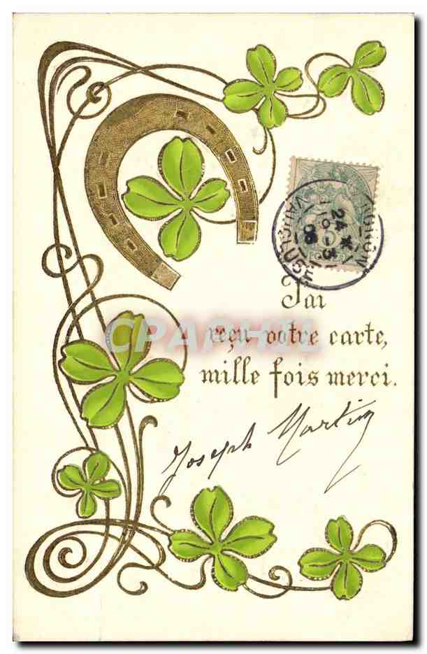 CPA Fantaisie Fleurs Trefles Fer a cheval 