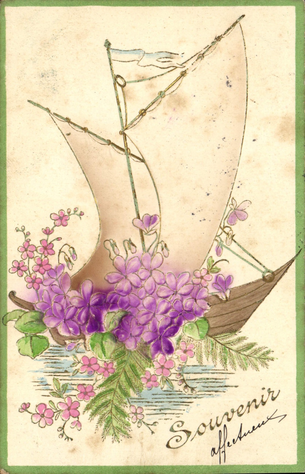 CPA Fantaisie Fleurs Bateau a voile 