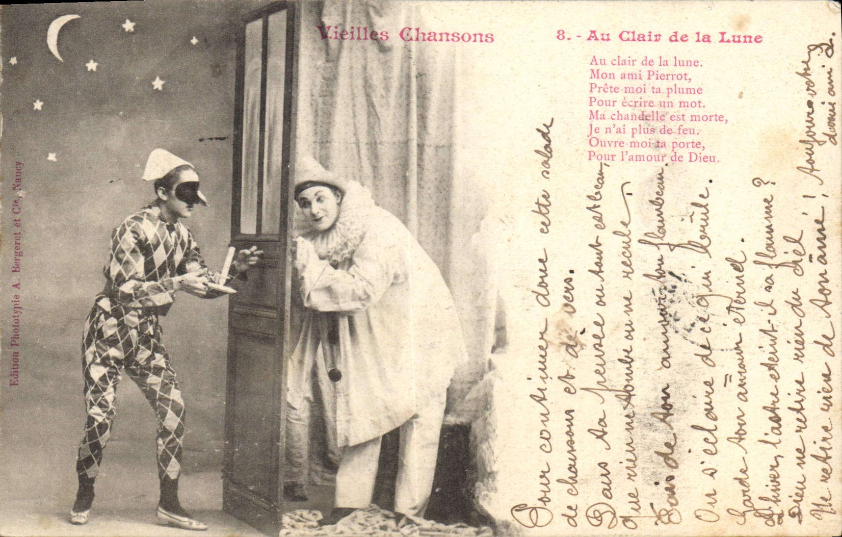 Deux Pierrots — scène de 'Au Clair de la Lune' — Édition Phototypie A. Bergeret, Nancy