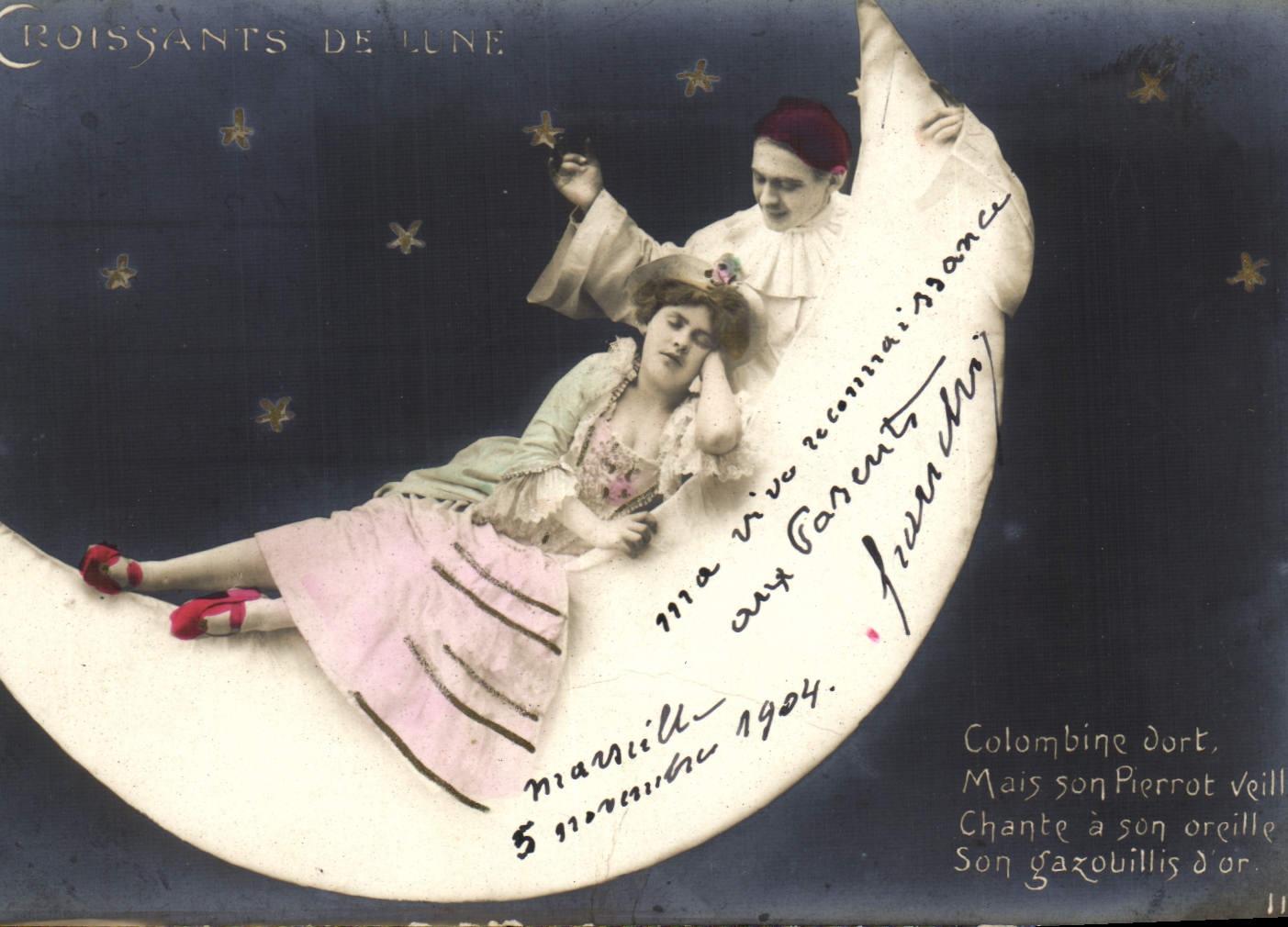 CPA Fantaisie Pierrot Pierrots Croissants de lune 