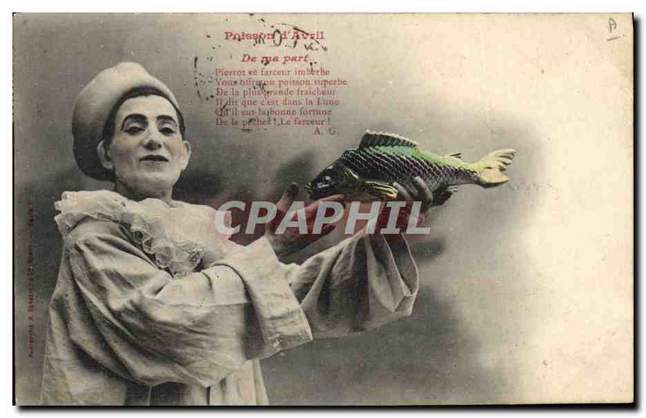 Poisson d'Avril — Pierrot présentant un poisson — A. Bastier & Cie, n° 17