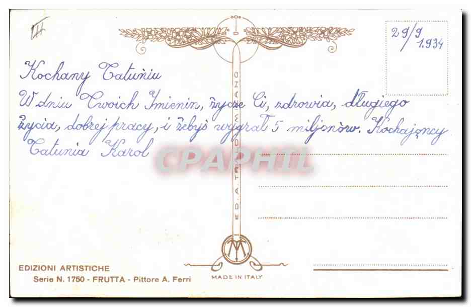 CPA Fantaisie Nature morte Peches  — Verso