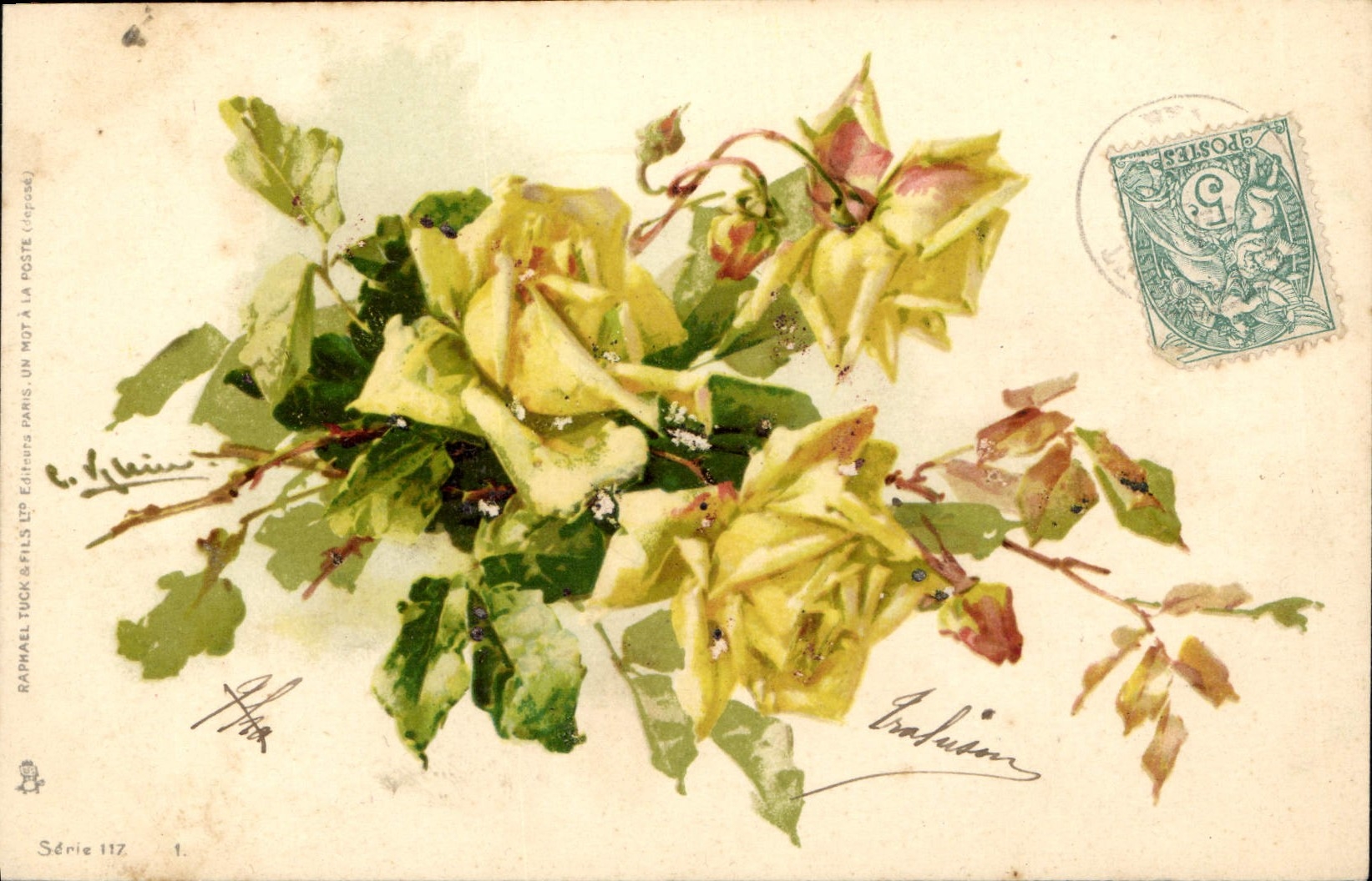 Bouquet de roses jaunes — édition Raphael Tuck & Fils, Série 117 — Paris