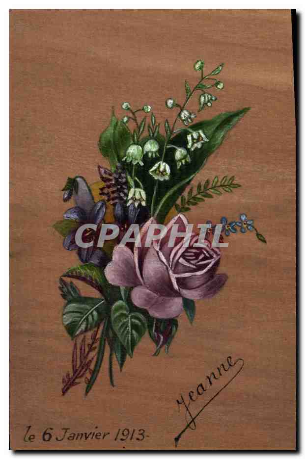 Bouquet de fleurs — dessin à l'encre et aquarelle — signé 'Yeanne' — daté 6 janvier 1913
