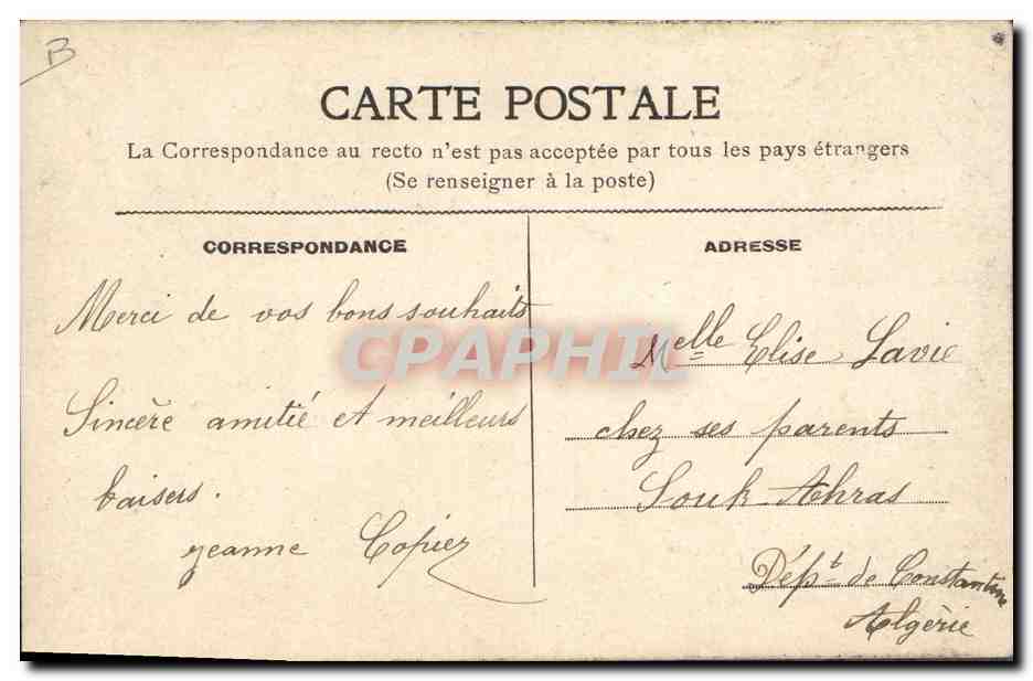 Bouquet de fleurs — dessin à l'encre et aquarelle — signé 'Yeanne' — daté 6 janvier 1913 — Verso