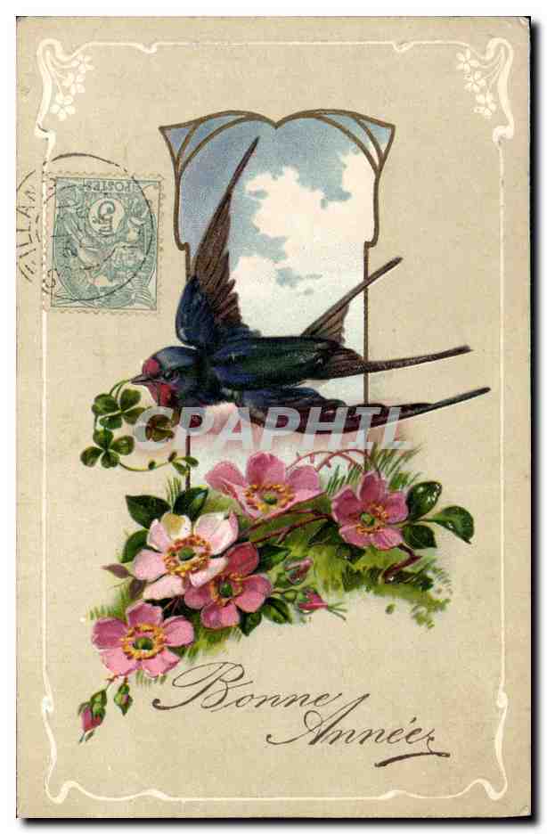 CPA Fantaisie Fleurs Hirondelle 