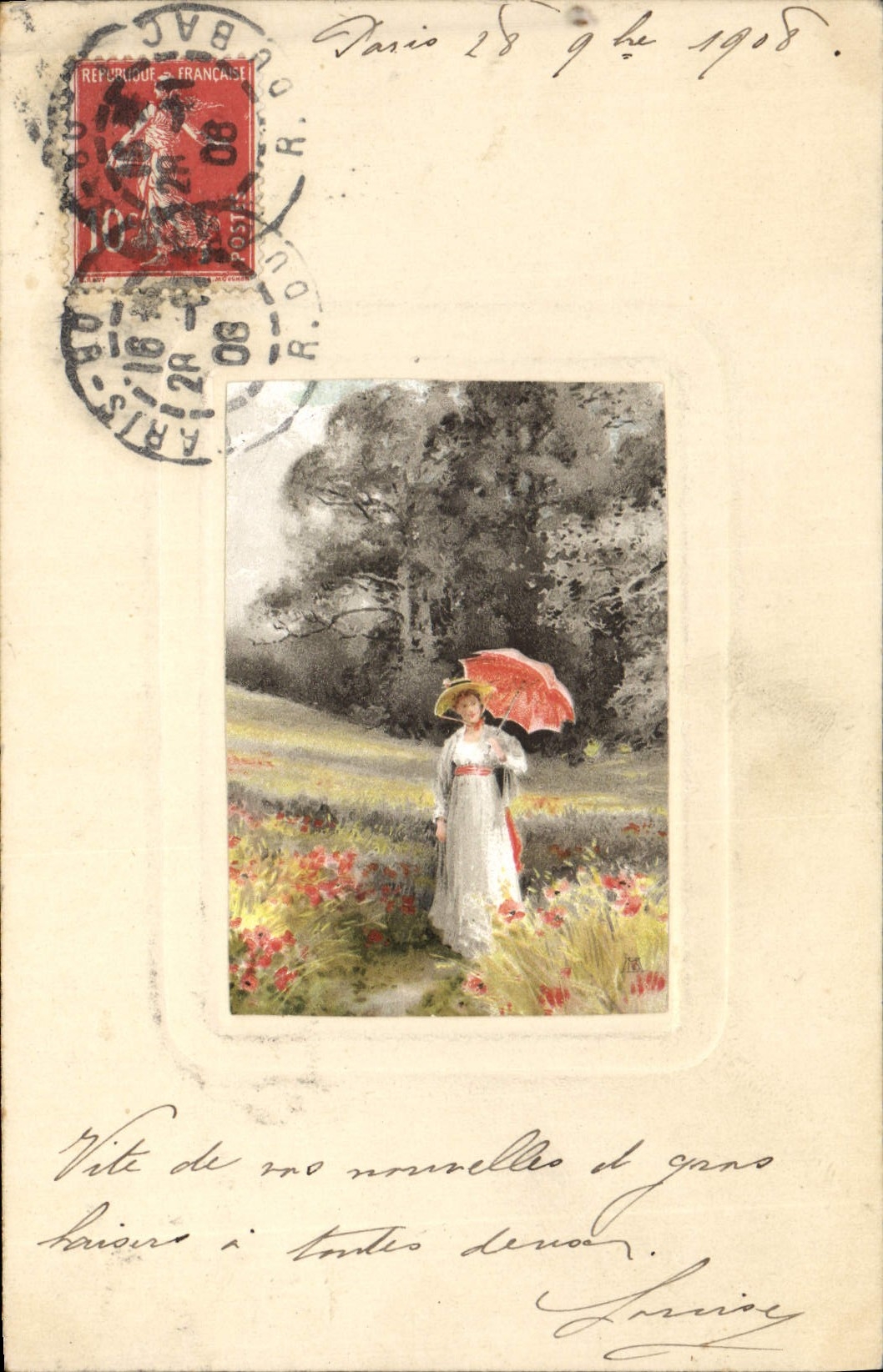 Femme avec parapluie rouge — champ de fleurs — éditeur non identifié