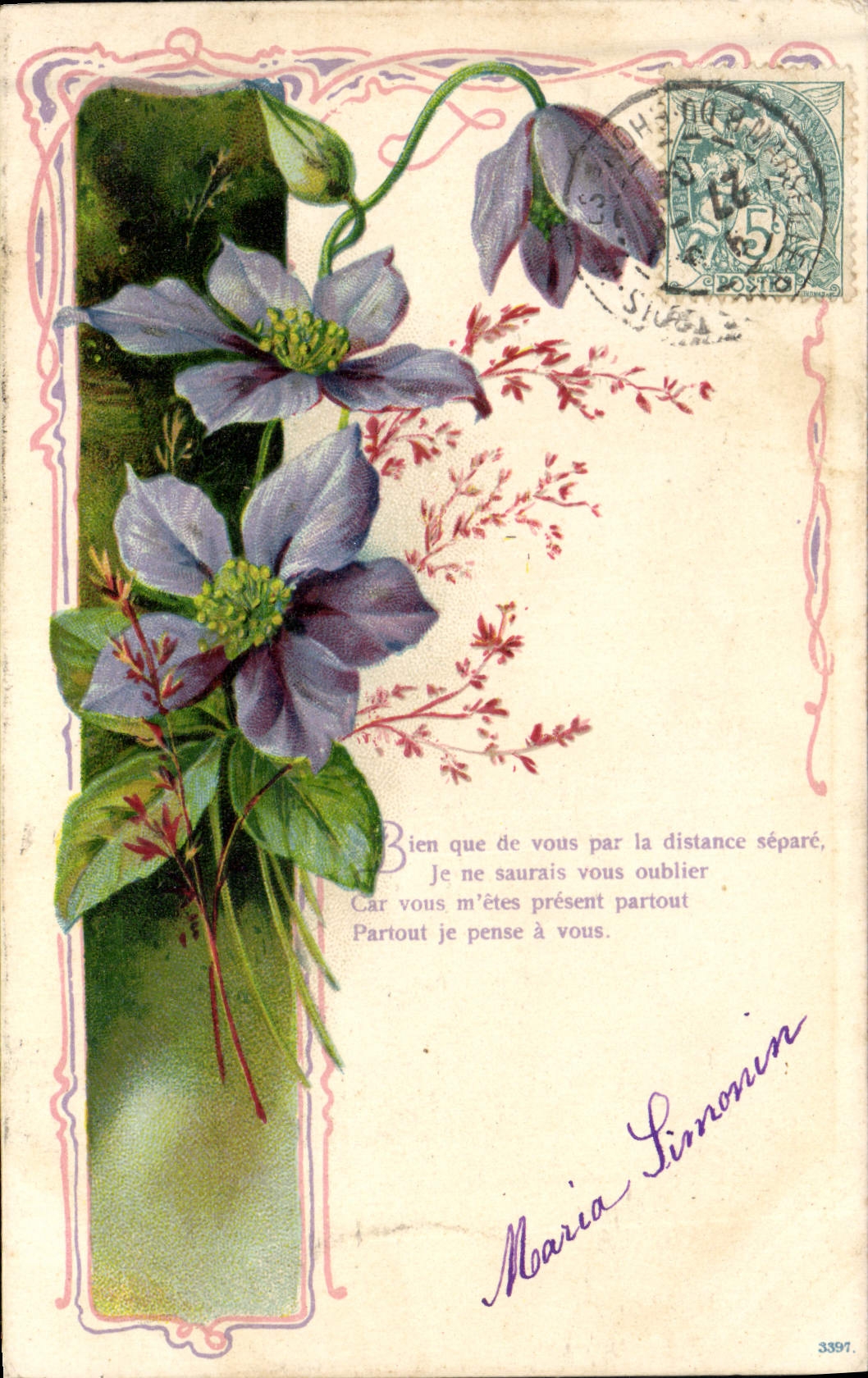 Violette Blüten — Ansichtskarte mit Gedicht — unbekannter Verlag, Nr. 3397