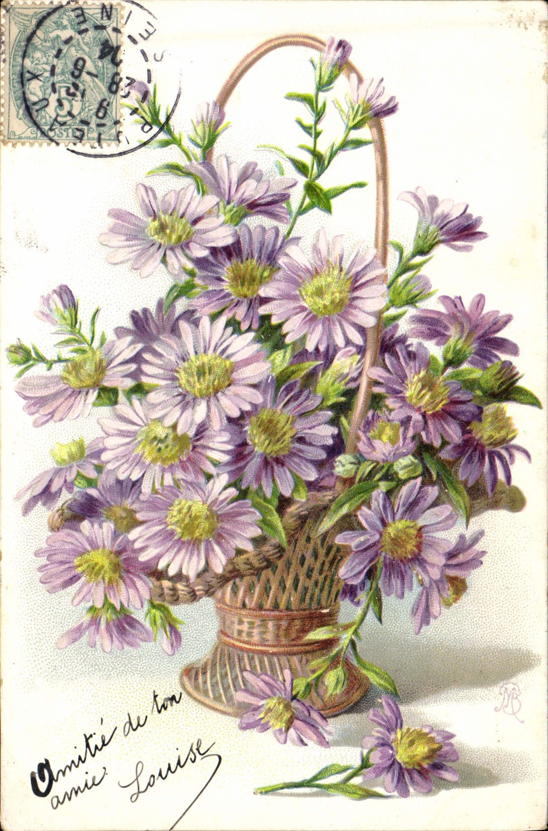 Bouquet d'asters dans un panier — éditeur non identifié