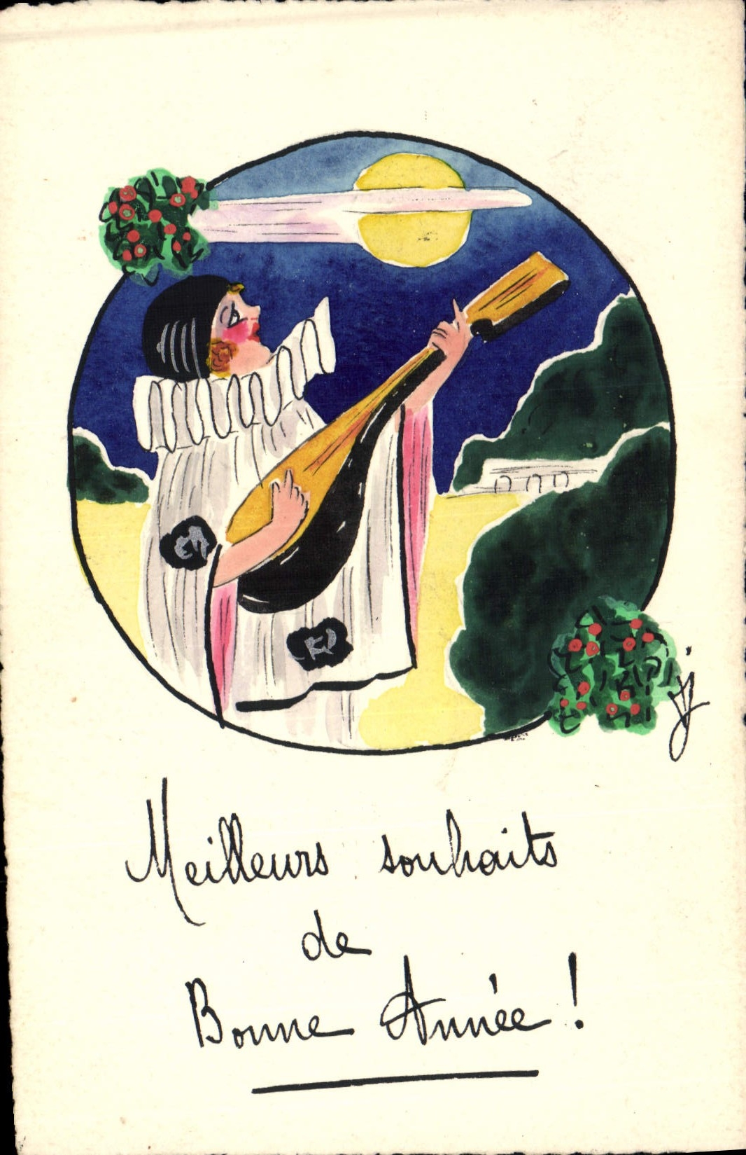 Femme jouant de la mandoline — scène nocturne — J.J. (signé) — datée 1925