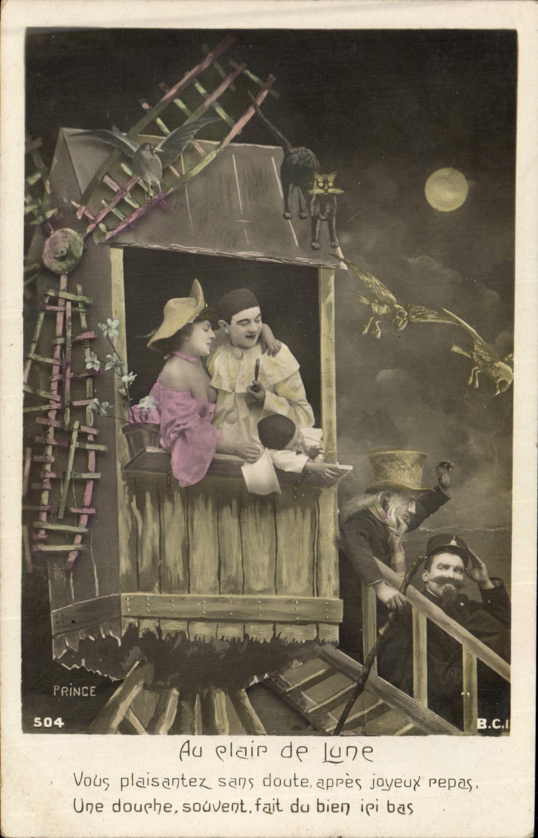 CPA Pïerrot Pierrots Au clair de lune Moulin a vent
