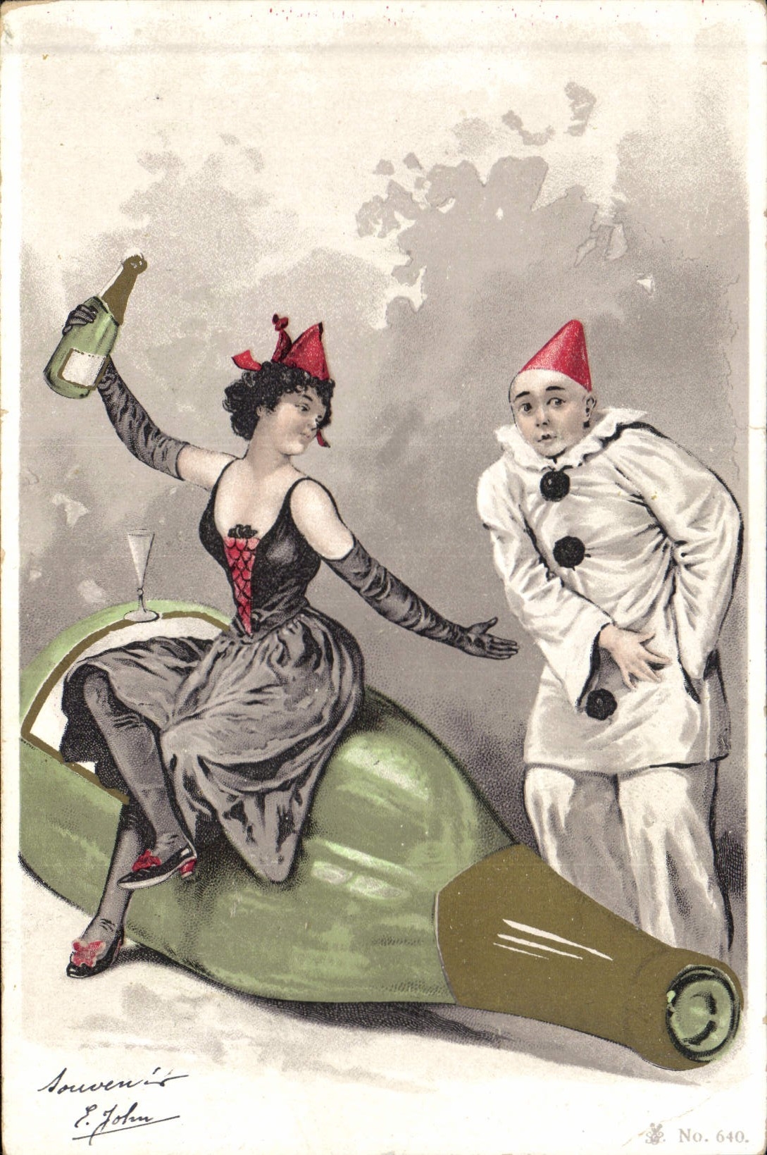 Clown et femme sur bouteille — Souvenir E. John n° 640