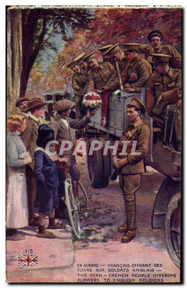 Français offrant des fleurs aux soldats anglais — La guerre — Éditeur LVC, n° 13