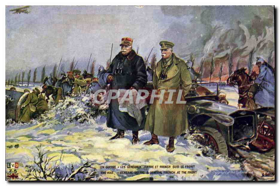 CPA Militaria Les generaux Joffre et French sur le front Automobile