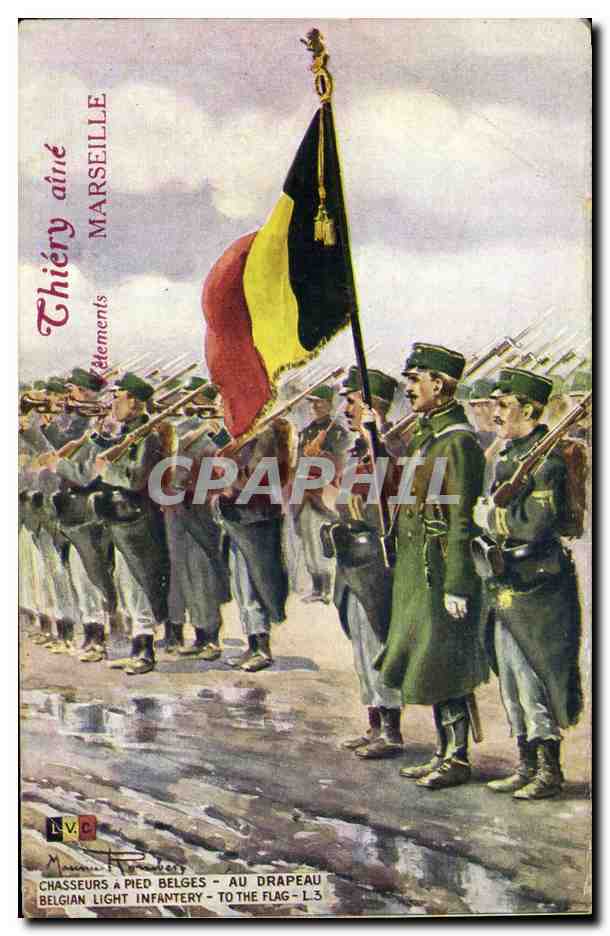 CPA Militaria Chasseurs a pied belges Au drapeau