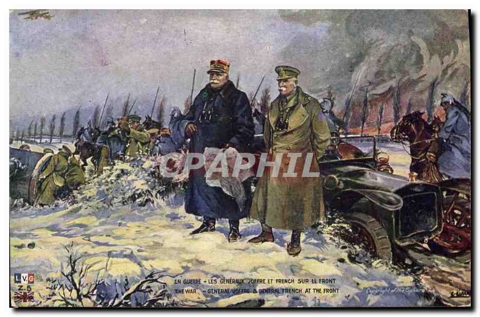 CPA Militaria Les generaux Joffre et French sur le front Automobile