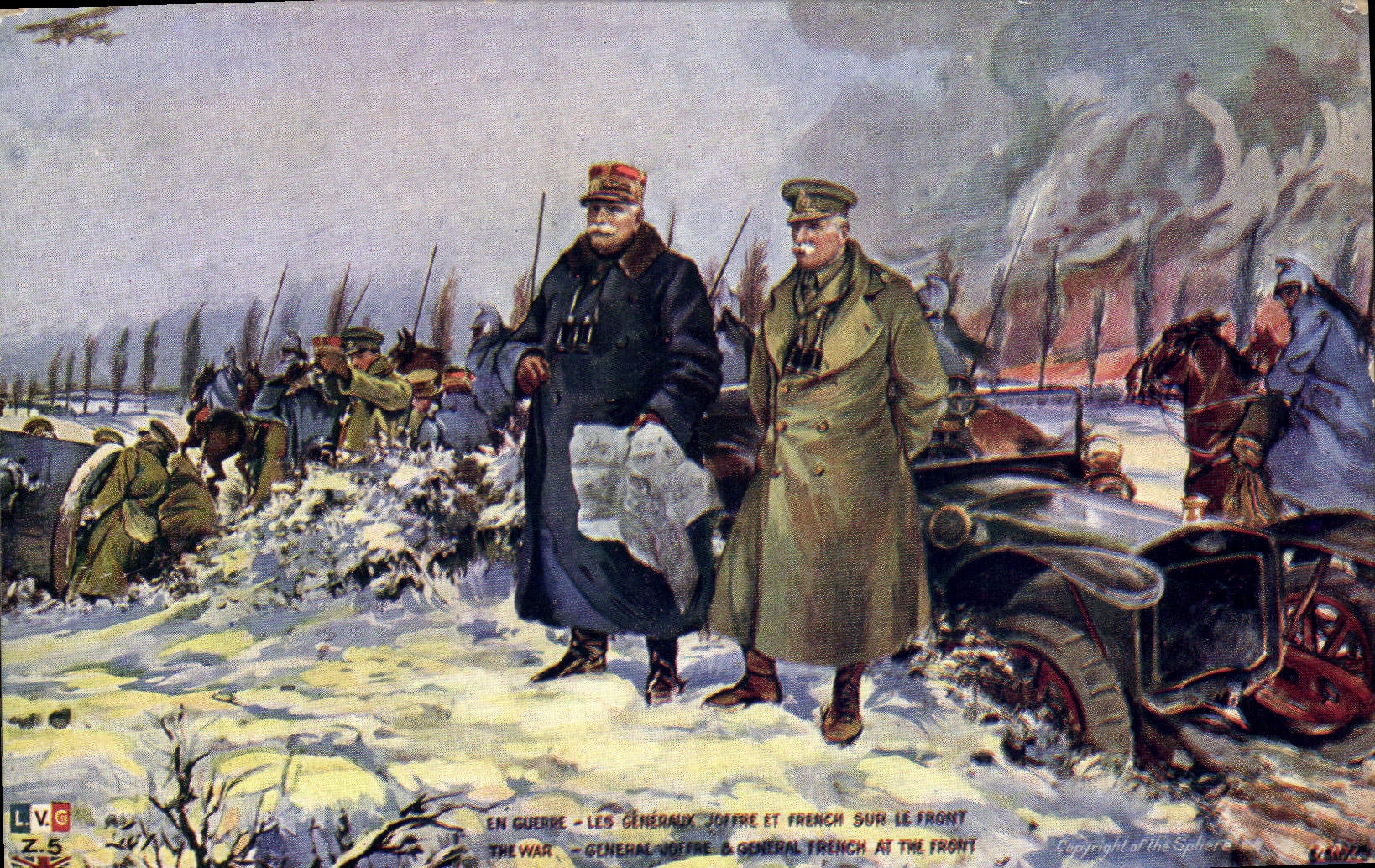 CPA Militaria Les generaux Joffre et French sur le front Automobile