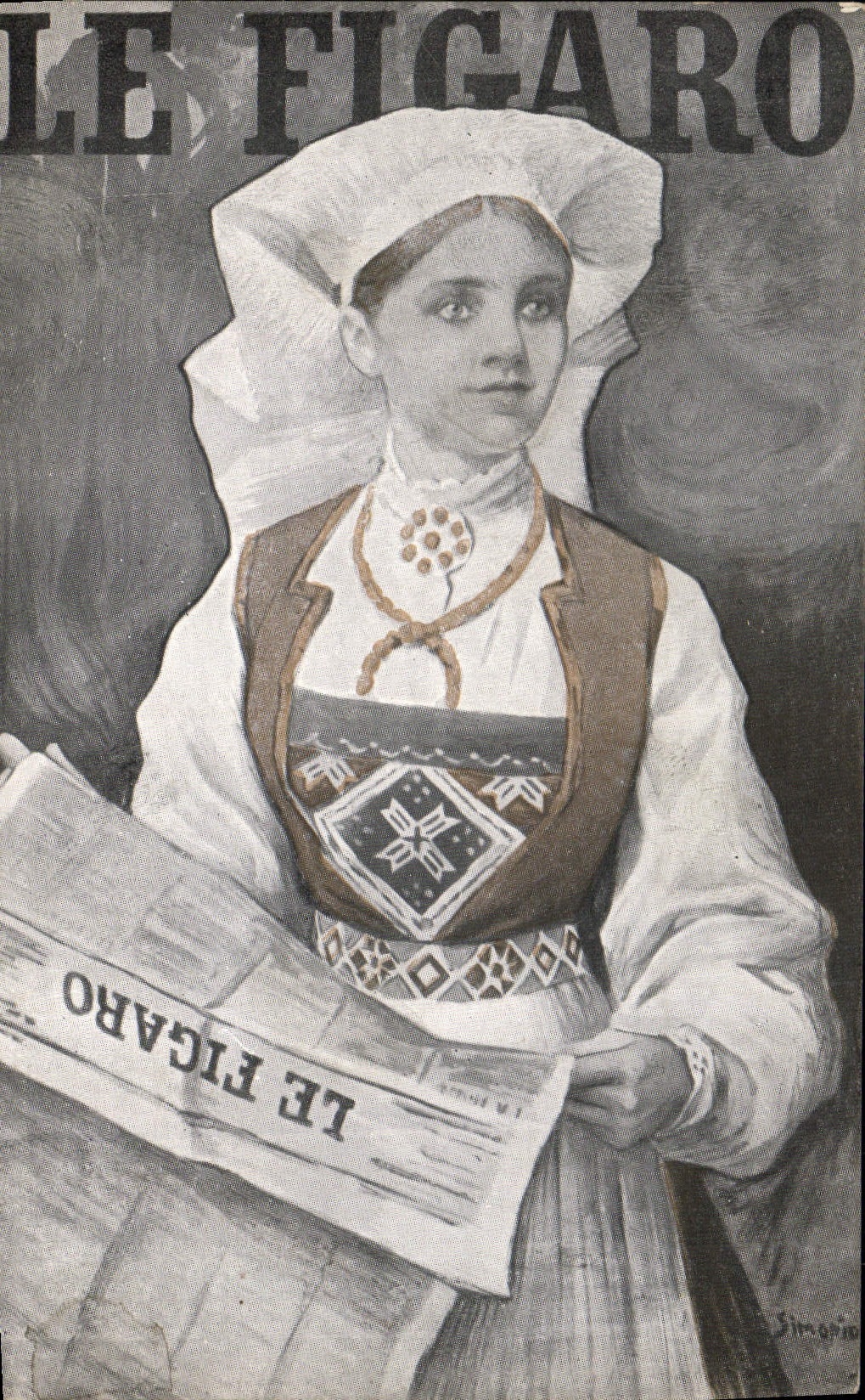 Femme en costume folklorique — illustration pour LE FIGARO — dessin de Simoni