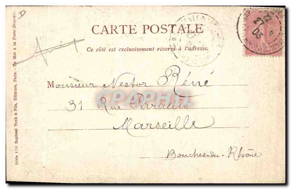 Tête de vieillard en citrouille — caricature — Série 170, Raphael Truck & Fils, Paris — Verso