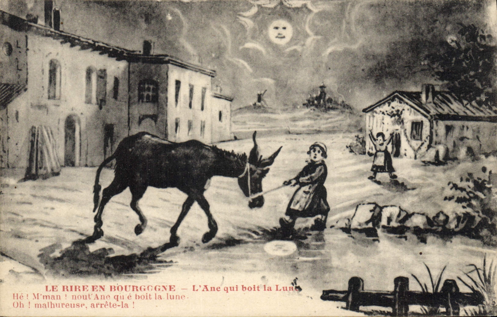 CPA Folklore Le rire en Bourgogne L'ane qui boit la lune Mule Ane 