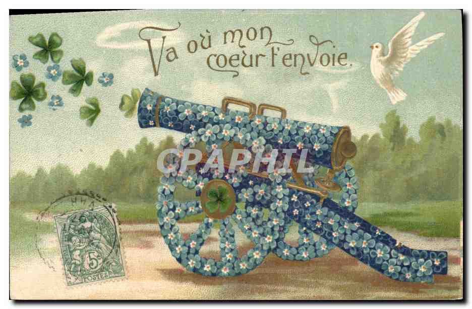 CPA Fantaisie Fleurs Colombe Canon
