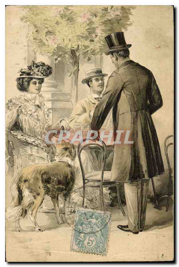Scène de jardin — trois personnes et un chien — éditeur Série 3389
