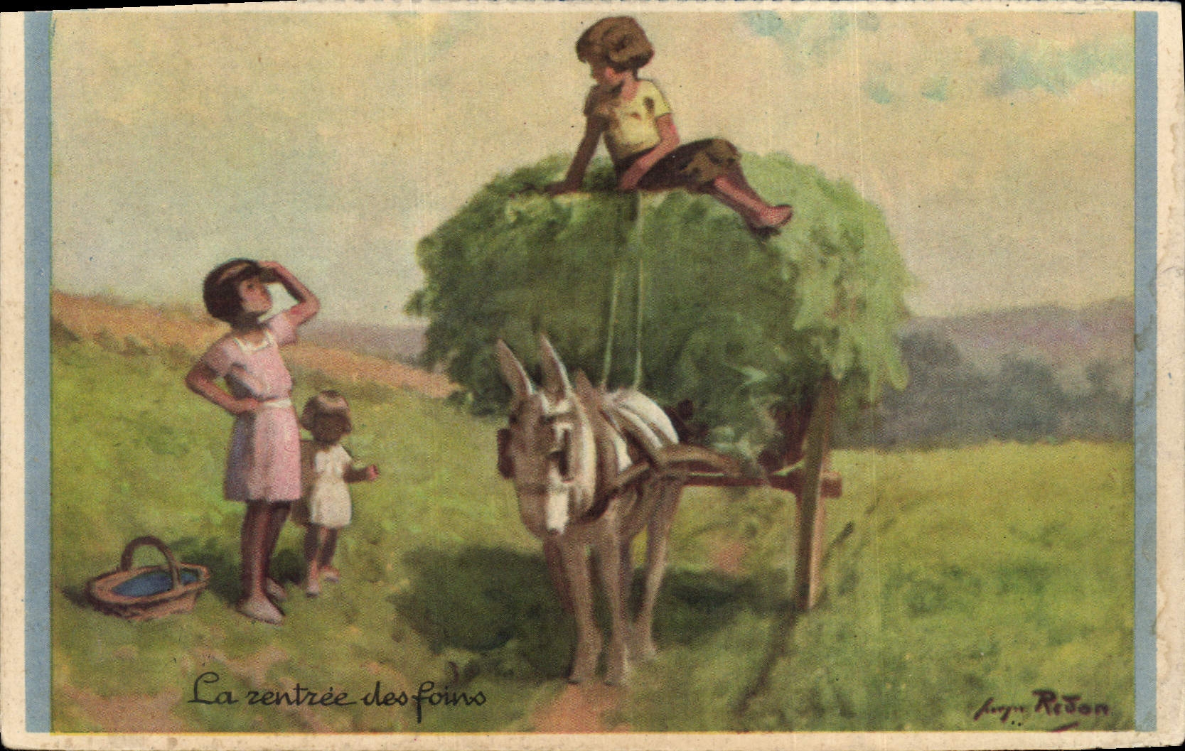 CPA Enfants Colonies La rentree des foins ane Mule